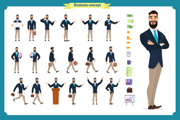 People character business set.Young businessman in formal wear.Different poses and emotions, running, standing, sitting, walking, happy, angry. Full length, front, rear view against 