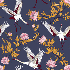 Materiał do szycia Seamless pattern with Japanese white cranes and peony, embroidered sequins