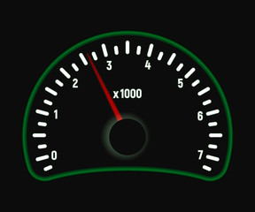 Car tachometer. Glows green. Dashboard Vector illustration