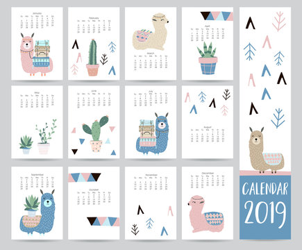 Cute monthly calendar 2019 with llama,luggage,cactus,geometrical for children.Can be used for web,banner,poster,label and printable
