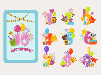 Birthday numbers vector cartoon anniversary birth balloon numbered icons birthdate party invitation card numeral 1, 2, 3, 4 and 5 year numbering template figure isolated badges illustration