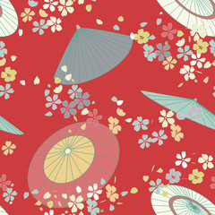 japanese traditional vector illustration sakura umbrella pattern. Bright, colored summer Asian traditional print. Falling petals, flowers flying.