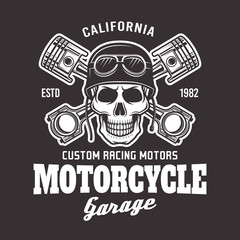 Motorcycle vector biker emblem with skull on dark