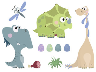 Set of cute dinosaurs in cartoon style. Reptiles of the Jurassic period.