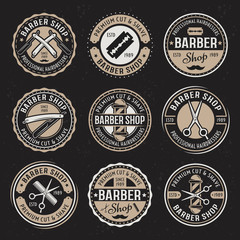Barber shop vector colored badges on dark