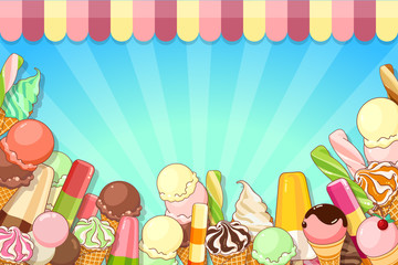 Ice cream poster. Brightly colored ice cream, waffle cones, popsicles on a beautiful background. Cartoon illustration for web, advertising, banner, poster, flyer, business card. Vector illustration.