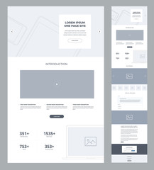 One page website design template for business. Landing page wireframe. Flat modern responsive design. Ux ui website: home, features, explore, introduction, potential, blog, works, questions, contacts.