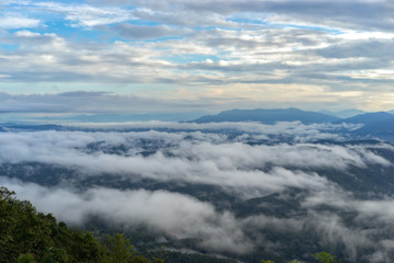 Sea mist scenery the morning mist natural sky, the sea of fog from northern Thailand, mountains view landscape winter peak.