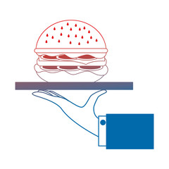 hand lifting tray with delicious hamburger vector illustration design
