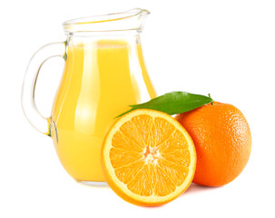 orange juice with orange and green leaf isolated on white background. juice in jug