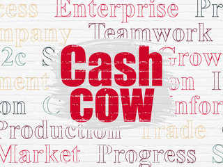 Finance concept: Painted red text Cash Cow on White Brick wall background with Tag Cloud
