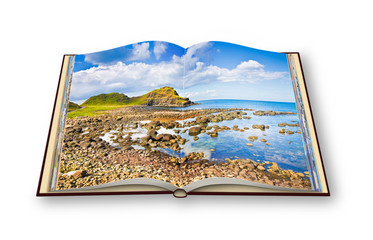 3D render of an opened photo book with Irish landscape (Northern Ireland - United Kingdom)
