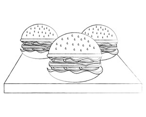 delicious hamburgers in table wooden vector illustration design