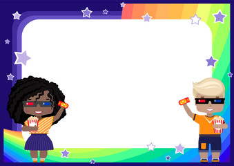 frame with a girl and a boy in 3D glasses, with a ticket to the cinema and popcorn, rainbow, sky and stars in cartoon style (background for children's ads, photo, diploma, certificate, coupon)