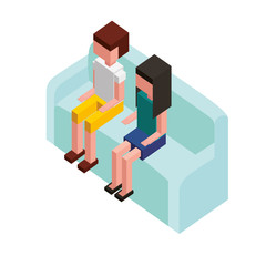 man and woman sitting on sofa isometric vector illustration