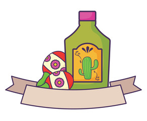 decorative ribbon with tequila bottle and maracas over white background, vector illustration
