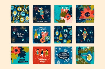Christmas cards with dancing women and New Year s symbols.