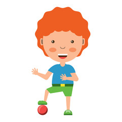 cartoon boy playing with a ball over white background, colorful design. vector illustration