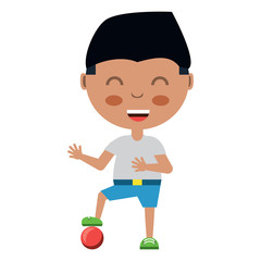 cartoon boy playing with a ball over white background, colorful design. vector illustration