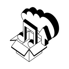 cloud storage box music and upload data isometric vector illustration black and white