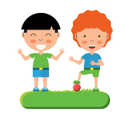 cartoon happy kids playing in the grass over white background, colorful design. vector illustration