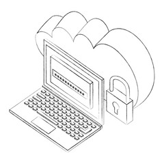 cloud storage laptop password and padlock security isometric vector illustration sketch