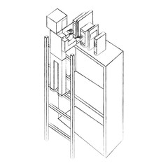 man employee in stairs putting books on bookshelf isometric vector illustration sketch