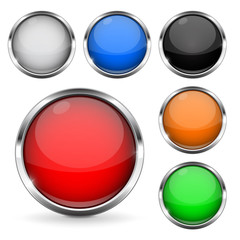 Colored buttons with chrome frame. Round glass shiny 3d icons