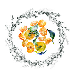 Fototapeta na wymiar Festive, spring, fruit, berry, forest, meadow, field, village wreath. Watercolor. Graphic arts. Illustration