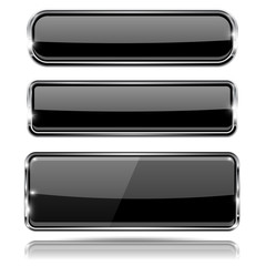 Black glass 3d buttons with chrome frame. Rectangle icons
