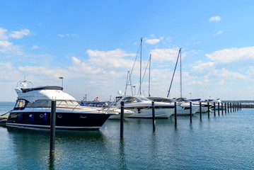 Fototapeta premium Recreational motorboats in a marina on a sunny day. Logos and id removed.
