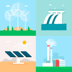 Wind energy, hydroelectric power, solar energy, earth heat, plant. Flat design vector illustration.