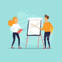 Office life, business analysis, teamwork, man and woman work at the blackboard, conference, meeting. Flat design vector illustration.