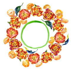 Floral, floral, spring wreath of tulips and southern mandarins. Watercolor. Illustration