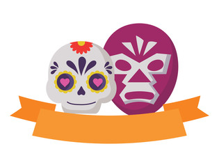decorative ribbon with sugar skull and wrestler mask over white background, vector illustration