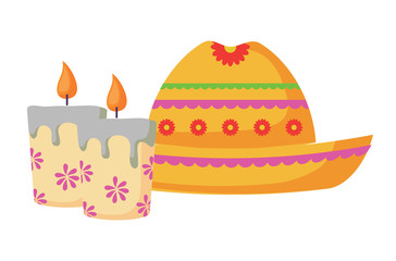 Mexican hat and candles over white background, colorful design. vector illustration