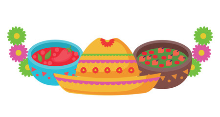 wreath of flowers with mexican food and hat over white background, vector illustration