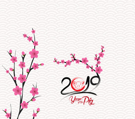 Happy Chinese new year 2018 card is blossom. Year of the pig