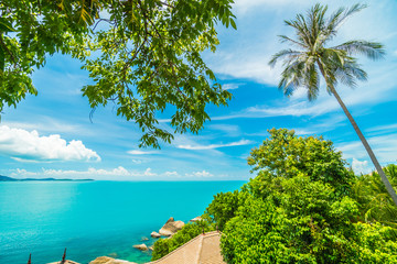 Beautiful aerial view of beach and sea with coconut palm tree in koh samui island Thailand