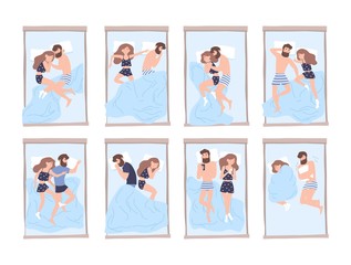 Collection of young man and woman sleeping on bed in various poses. Bundle of cute couple lying in different postures during night rest. Flat cartoon characters. Colorful vector illustration.