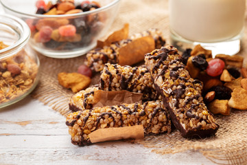 Granola bar on wooden background