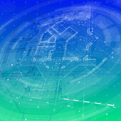 Architecture design: blueprint house plan & blue green technology radial background - vector illustration / eps10