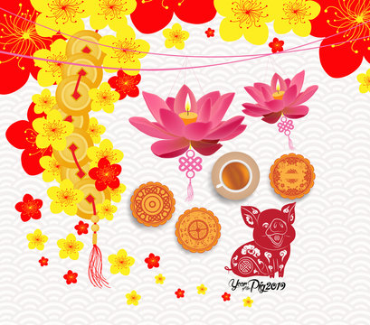Oriental Chinese New Year background with lantern, tea and cake. Year of the pig