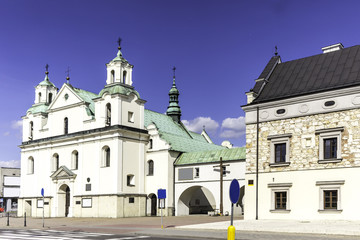 Church of St. Zygmunt. The main facade is in the Baroque style. Area of the Old Town. Czestochowa, Poland.