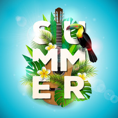 Vector Summer Holiday typographic illustration with toucan bird, acoustic guitar and flower on tropical plants background. Design template with green palm leaf for banner, flyer, invitation, brochure © articular
