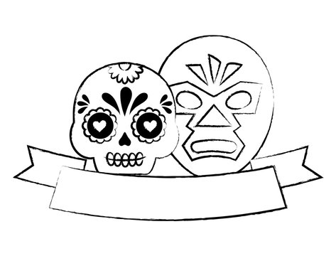decorative ribbon with sugar skull and wrestler mask over white background, vector illustration