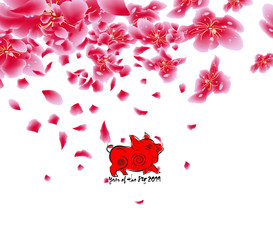 Sakura flowers background. Cherry blossom isolated white background. Chinese new year (hieroglyph Pig)