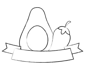 decorative ribbon with avocado and chili pepper over white background, vector illustration