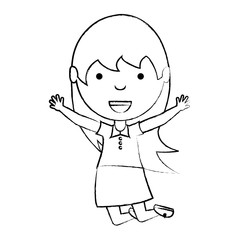 sketch of cartoon happy girl jumping over white background, vector illustration