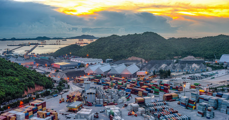 panarama view of container yard in tranfering the containers shipment storage in yard to the terminal, for the ship vessels loading discharging, logistics system and transportation